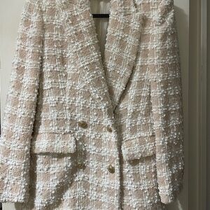 ZARA Women's Pale Pink & White Tweed Double-Breasted Blazer, Gold Buttons Size S